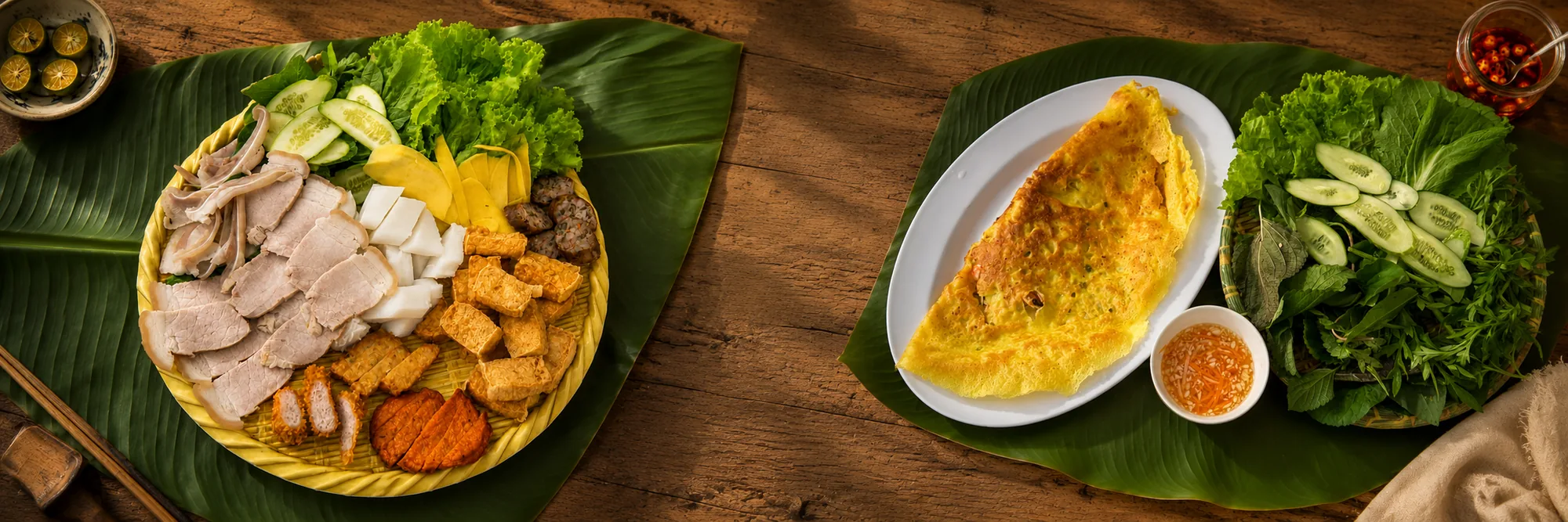 Mâm bún đậu và mâm bánh xèo của nhà Cô Huệ