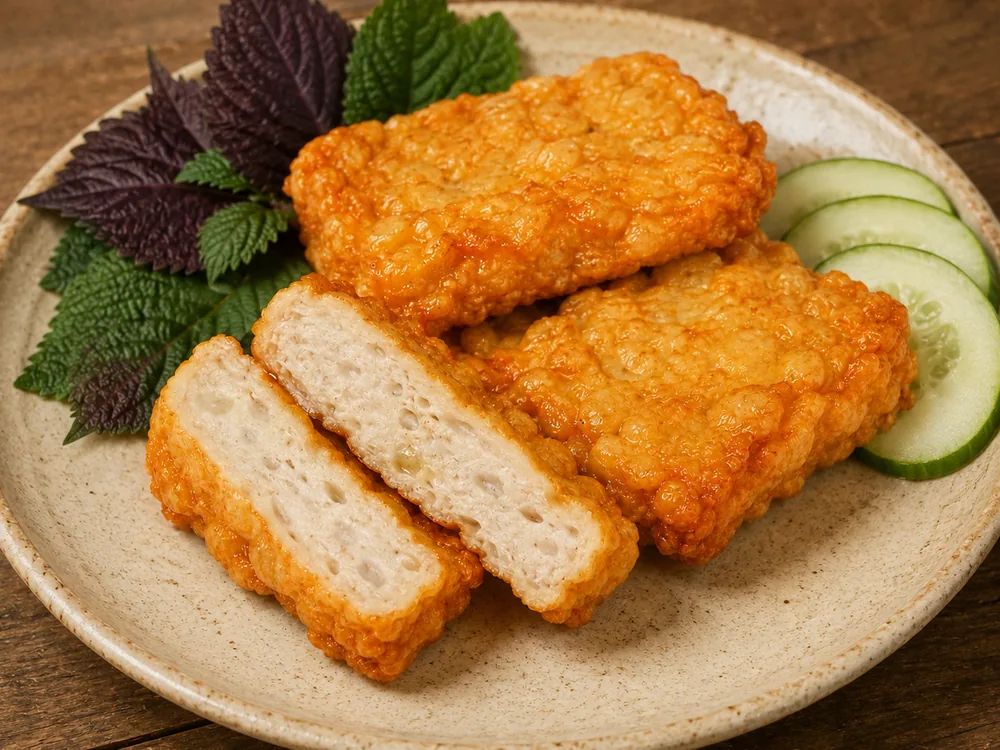 Đĩa chả cốm chiên vàng, cắt đôi thấy ruột trắng ngà